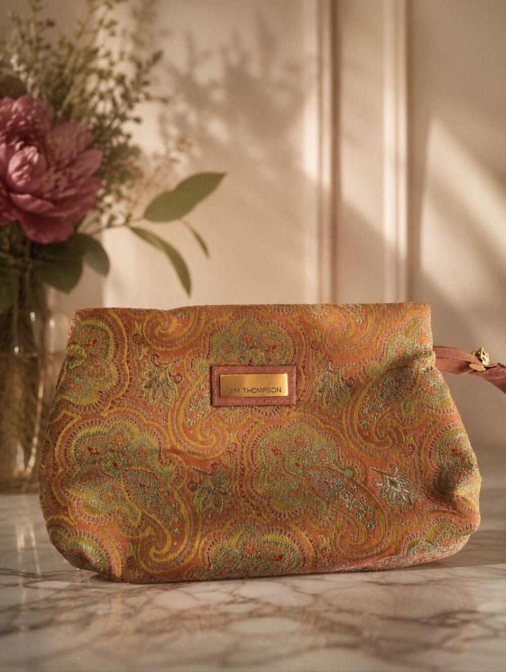 Jim Thompson Silk Orange Green Paisley Jacquard Cosmetic Bag Coin Purse